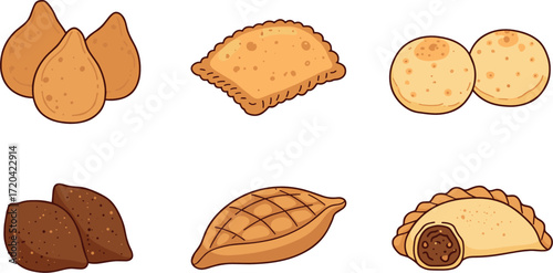 Cartoon illustration of six different types of fried dough pastries on transparent background