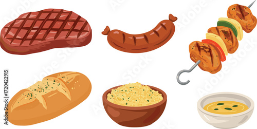 Grilled meat assortment with bread, rice, and sauce on transparent background