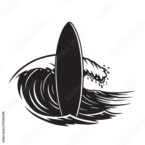 Black and white surfboard graphic depicting a surfing wave and board on white background