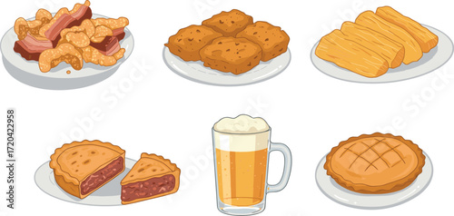 Cartoon illustration of various foods and a mug of beer on transparent background