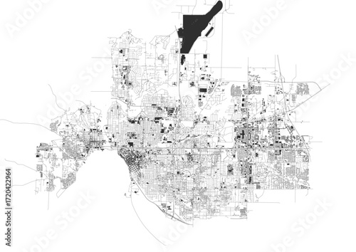 A unique vector map of Evansville, focusing on highways and buildings within an irregularly shaped city boundary.