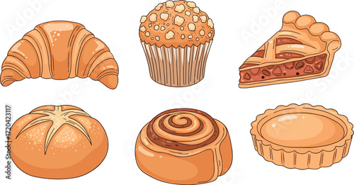 Illustration of croissant, muffin, pie slice, round bread, cinnamon roll, and tart on transparent background