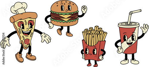 Cartoon fast food characters: pizza, burger, fries, and soda on transparent background