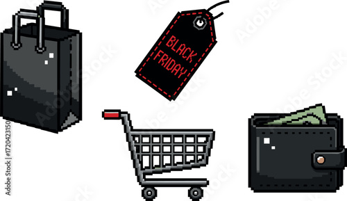 Pixel art depiction of black friday shopping elements on transparent background
