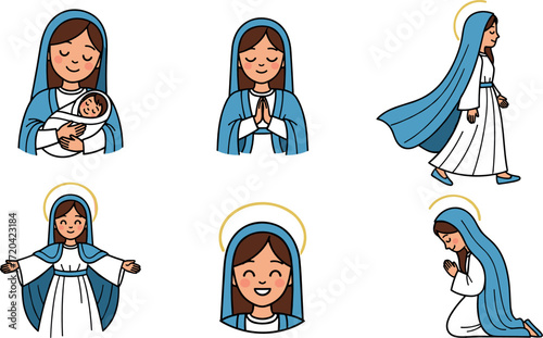 Cartoon illustrations of virgin mary in various poses on transparent background