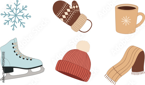 Winter season items: snowflake, mitten, mug, ice skate, hat, and scarf on transparent background