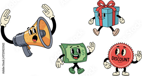 Cartoon characters representing sales and promotions: megaphone, gift, money, and discount on transparent background