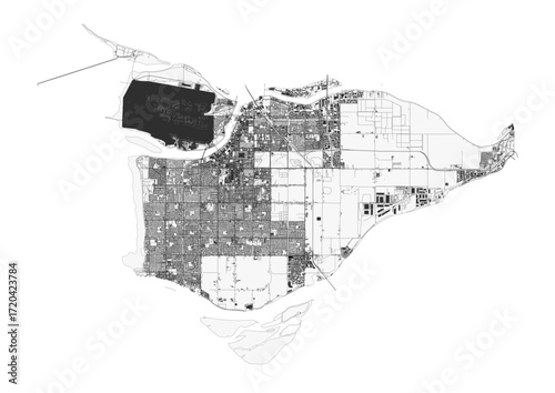 A unique vector map of Richwond, focusing on highways and buildings within an irregularly shaped city boundary.