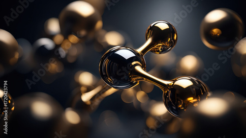 Fototapeta Naklejka Na Ścianę i Meble -  Glossy black and gold molecules on dark background, scientific 3D molecular structure visualization, biotechnology concept, chemical research, futuristic nano science illustration
