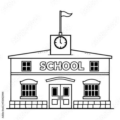 “Monochrome simplified school icon, frontal elevated view, two levels, square windows, central double doors, bold word ‘SCHOOL’ in sans-serif above entrance, clock centered above, flag on top, modern 