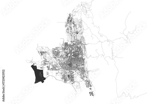 A unique vector map of Provo, focusing on highways and buildings within an irregularly shaped city boundary.