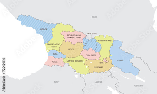 Detailed map of Georgia with administrative divisions and borders of neighboring countries, vector illustration on white background