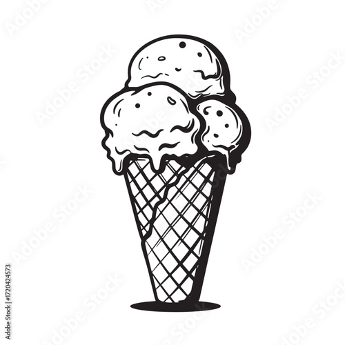 Hand drawn illustration of a delicious three scoop ice cream cone in black and white