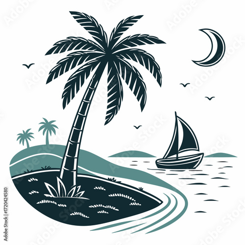 Monochromatic Tropical Paradise A Serene Scene of Palm Trees Sailboat Moon and Gentle Ocean Waves Creating a Relaxing Getaway