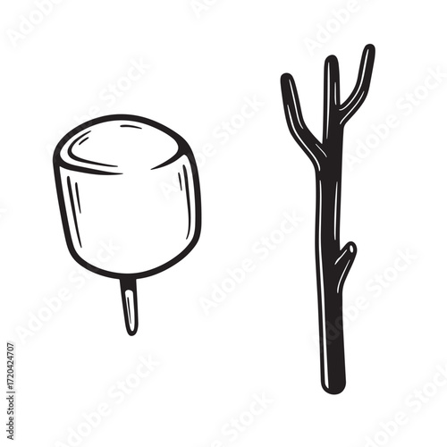 Hand drawn illustration of a marshmallow on a stick for roasting over a campfire