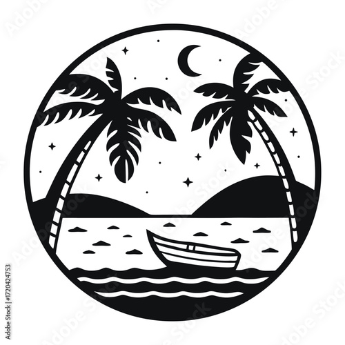 Monochrome Beach Getaway A Serene Circular Landscape with Palm Trees, Moon, Stars, and a Boat on Calm Waters