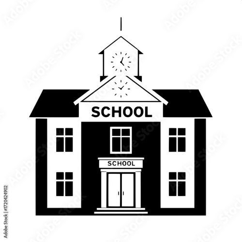 “Stylized minimalist school building in black and white, symmetrical design with wings, two-story structure, evenly spaced square windows, bold ‘SCHOOL’ sign, clock above in triangular gable, roof fla