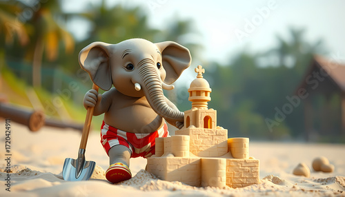 Cute elephant building a sandcastle on a sunny beach with a shovel and colorful bucket Generative AI