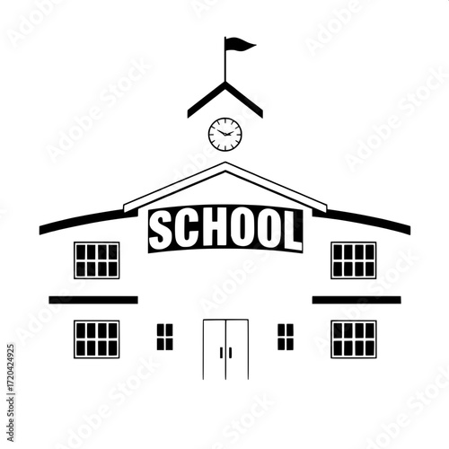 “Stylized minimalist school building in black and white, symmetrical design with wings, two-story structure, evenly spaced square windows, bold ‘SCHOOL’ sign, clock above in triangular gable, roof fla