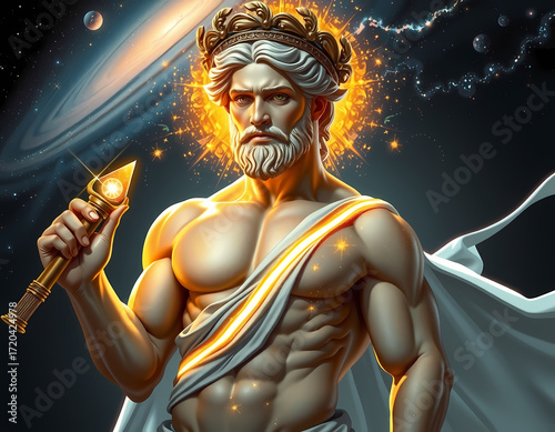 Greek god stands strong with celestial background and powerful aura as he holds a golden staff in an epic cosmic setting Generative AI