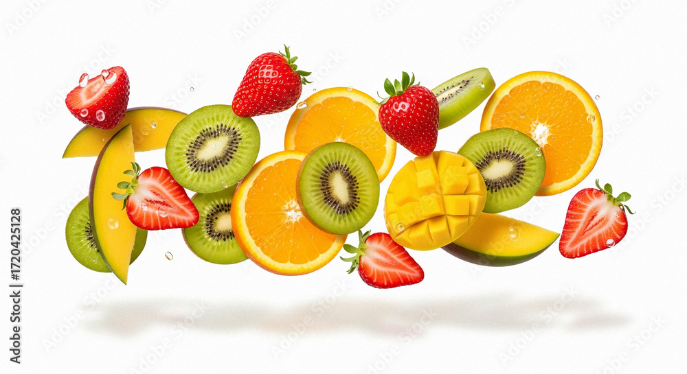 Naklejka premium Colorful mix of fresh tropical fruits floating on white background