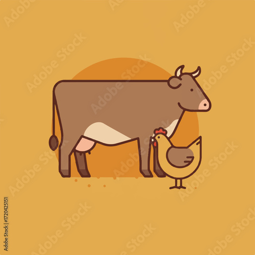 A brown cow and a yellow chicken stand on a yellow background