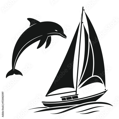 Dolphin leaping beside sailboat silhouette