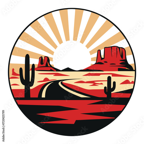 Retro Southwestern Landscape Design Iconic Desert Scene with Buttes Cacti and Sun Rays Vintage Inspired Circular Emblem