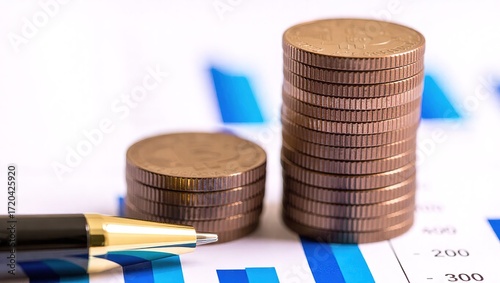 Stacked Coins on Financial Chart with Pen, Representing Growth a