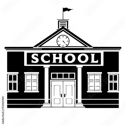 “Flat black and white graphic of a school building, frontal perspective, rectangular shape, double doors at center, square windows in rows, large sans-serif ‘SCHOOL’ label, centered clock above, rooft