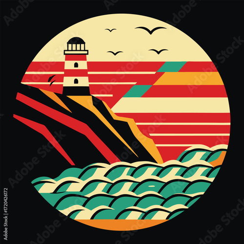 Retro Lighthouse Scene A Vibrant Circular Seascape with Striking Contrasts and a Bold Coastal Theme Evoking Vintage Travel Posters