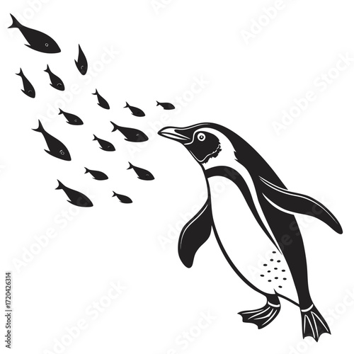 Penguin diving toward school of fish silhouette