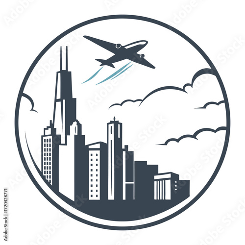 City Skyline Adventure A Silhouette Illustration of Air Travel Above a Bustling Metropolis With Clouds and Architectural Landmarks