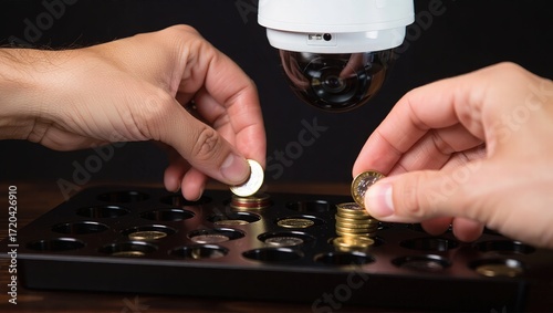 Surveillance of Coin Sorting: Hands Organize Currency Under watc