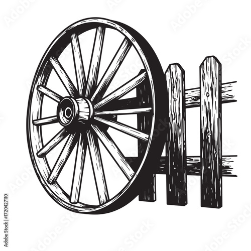 Vintage hand drawn wagon wheel and rustic fence on white background illustration