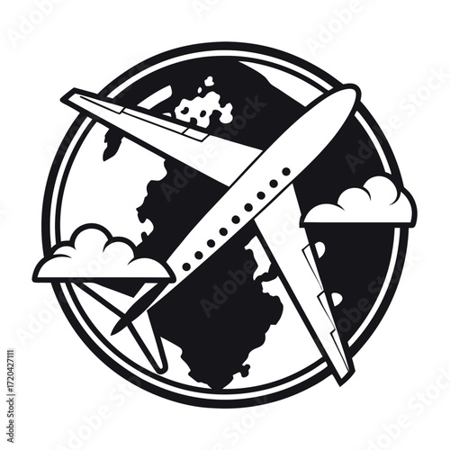 Global Travel Icon with Airplane Silhouette Circling the Earth and Clouds for Aviation or Tourism Logo Designs