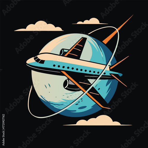 Stylized Airplane Orbiting a Planet Vector Illustration Retro Travel and Aviation Artwork for Prints and Design Projects