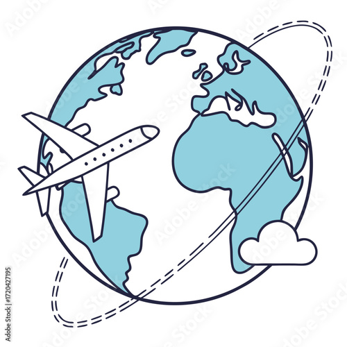Worldwide Air Travel Concept Represented by Plane Orbiting Earth with Clouds and Dashed Line Path around the Globe