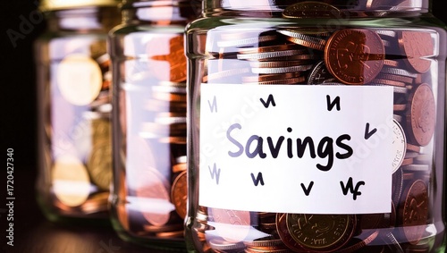 Three Glass Jars Filled with Coins, Labeled 