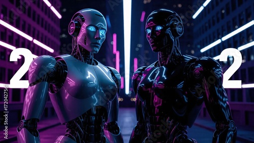 Two Futuristic Robots in Neon Cityscape with Glowing Eyes and Re