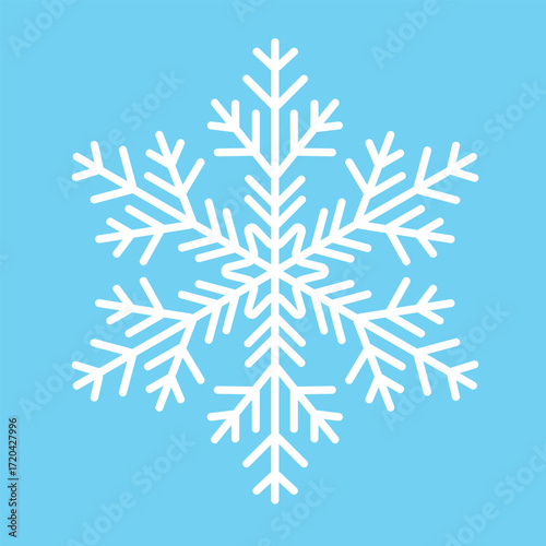 Simple white snowflake illustration on a light blue background. Perfect for winter themes, holidays, or seasonal designs. Clean and minimalist style