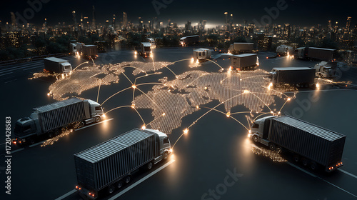 Global freight network illuminated at night with trucks and world map connections