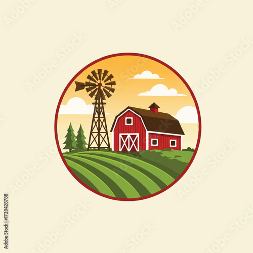 Red barn and windmill in a circular farm landscape