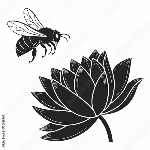 Bee hovering over lotus flower silhouette