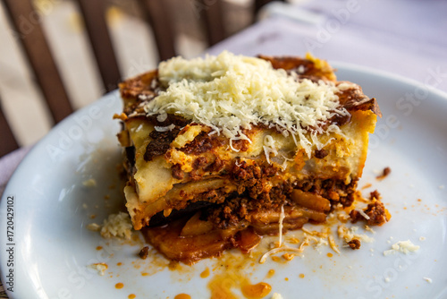 Plate of moussaka in a restaurant in Greece