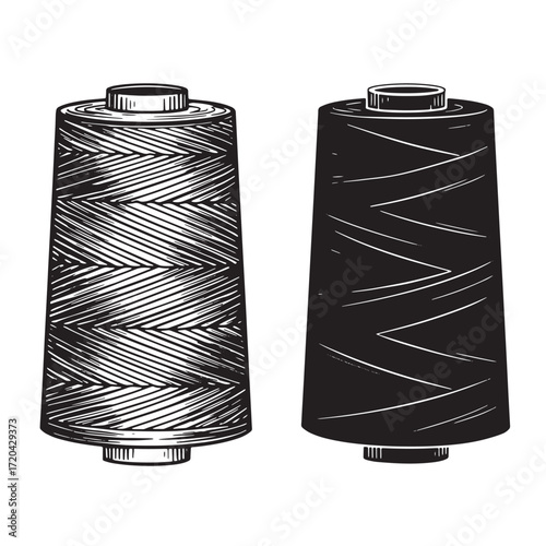 Artistic depiction of two spools of thread in black and white vector illustration