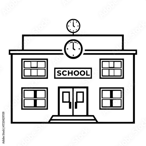 “Simplified stylized black and white vector drawing of a school facade, modern flat design, two-story rectangle with evenly spaced square windows, central double-door entrance, large ‘SCHOOL’ sign abo