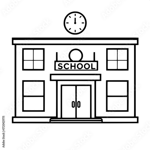 “Simplified stylized black and white vector drawing of a school facade, modern flat design, two-story rectangle with evenly spaced square windows, central double-door entrance, large ‘SCHOOL’ sign abo