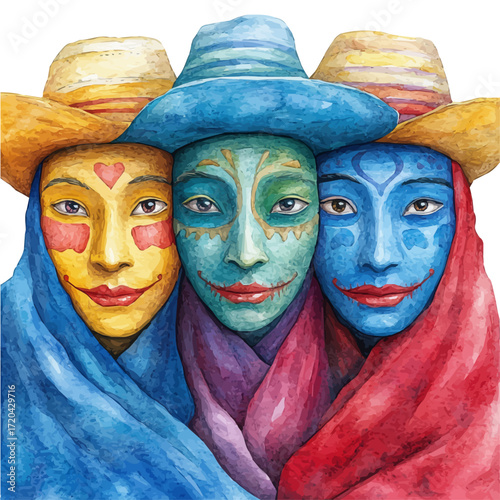 Mexican Face Parade, watercolor illustration vector, isolated on a white background.