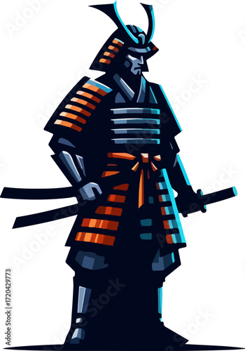 Japanese_Samurai_Modern_Vector_Illustration_–_Traditional_Warrior_in_Red_Blue